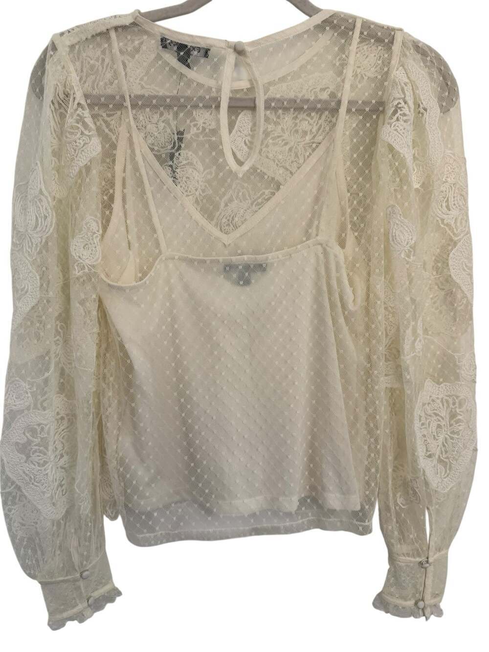 NWT Express Embroidered Floral Lace with Swiss Dot Sleeves and Cami Insert - Picture 7 of 9